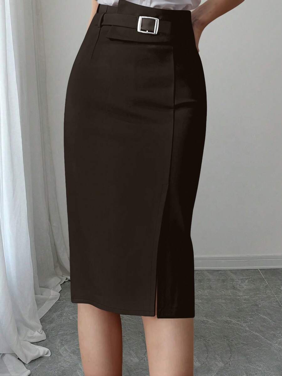 Elenzga Plus Size Women Solid Color Elegant Split Hem Pencil Skirt - Coffee Brown - View 1