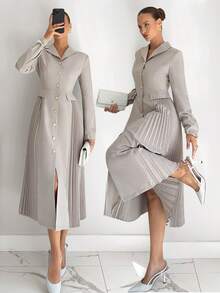 Siren Gaze Women's Solid Color Minimalist Long Sleeve Midi Dress, Casual Everyday Wear Office Dress For Women Dress Modest Long Sleeve Elegant Dress Corporate Dress Pleated Dresses For Women New Year Dress Elegant Dresses For Women Formal Dress Formal Dress For WomenOffice Attire Old Money Style Dress Hepburn-Style Pleated Suit Dress Winter Elegant Clothes For Women Dress Suits For Woman Winter Dress For Women Blazer Dress For Women - Nude - View 8