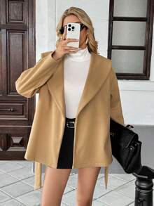 SHEIN PariChic Women's Autumn/Winter New Vintage French Style Camel Lapel Cinched Waist Waist Elegant Wool Blend Coat - Khaki - View 4