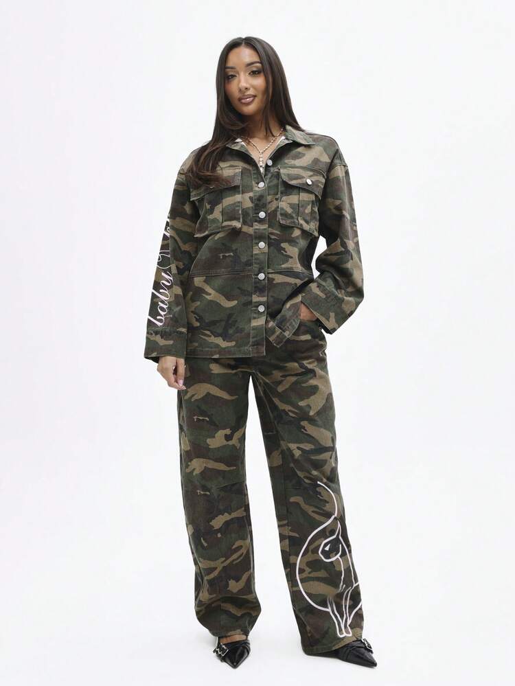 BABYPHAT Oversized Camouflage Utility Jacket With Button Closure And Chest Pockets For Fall Winter Casual Streetwear Style