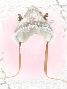 ROMWE Kawaii 女士冬季单件装森系风格仿毛绒鹿角蕾丝发箍帽，可爱蕾丝边饰帽，冬季加厚保暖护耳帽 - 彩色 - 查看 1