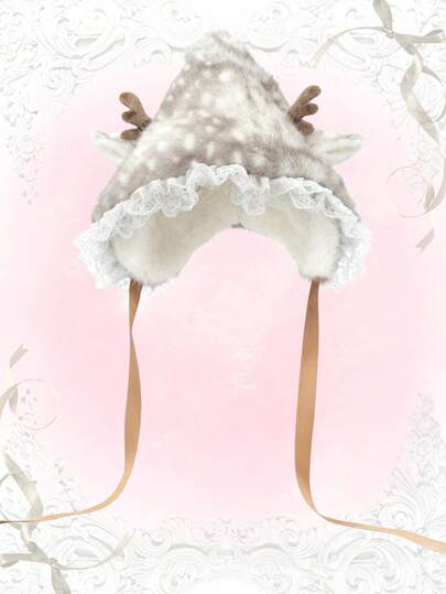 Kawaii Women Winter 1pc Mori Girl Style Faux Furry Deer Antlers Lace Headband Hat, Cute Lace Trim Hat, Winter Thick Warm Ear Protection Hat