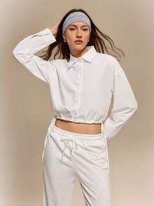 Hanevo Women's White Casual/Commute Basic Cinched Waist Button Long Sleeve Shirt - White - View 1