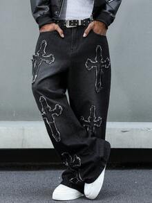 GALLERY FADE Jeans en denim gris foncé style casual de rue avec patch brodé pour hommes - Gris foncé - Voir 7