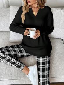 SHEIN LUNE 2pcs/Set Women's Long Sleeve T-Shirt And Leggings, Plaid Print, Suitable For Autumn/Winter, Black & White - Multicolor - View 5