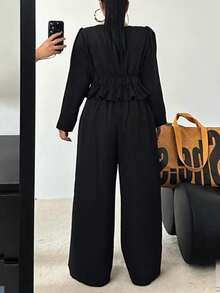 POPSWAY Plus Size Casual V-Neck Tie-Front Short Sleeve Crop Top + Versatile Casual Pants 2 Pieces Set