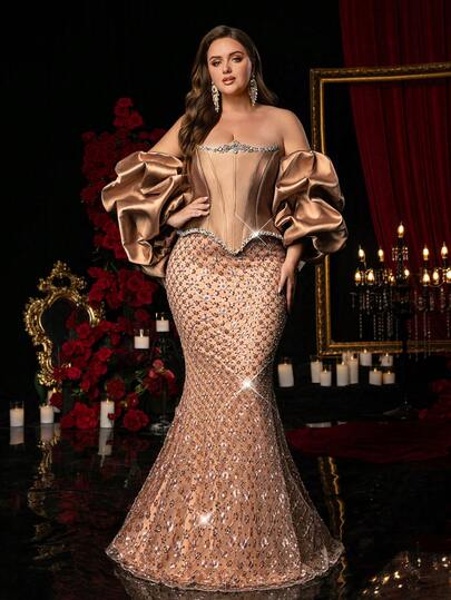 Glamrae Petite Curve Đầm dạ hội cỡ lớn sang trọng, thanh lịch, màu vàng ánh kim, kiểu dáng đuôi cá, hở vai, đính sequin và đá quý lấp lánh, mang phong cách cổ điển. Dây thắt eo có thể điều chỉnh, phù hợp cho các buổi hẹn hò, đám cưới, sự kiện trang trọng và dạ hội. (Bao gồm áo gile xếp ly) Đầm dạ hội