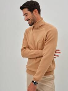 Manfinity Homme Sweater Kasual Pria Warna Polos Kerah Tinggi Lengan Raglan, Atasan Cokelat Muda Musim Gugur/Dingin Pria, Sweater Cokelat Pria, Kerah Mock Pria, Aprikot - Coklat - View 6