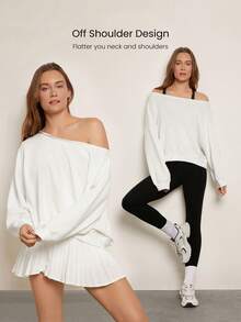 GLOWMODE Modal Soft Oversized Off-Shoulder Sweatshirt Daily Casual Fall - White - View 3