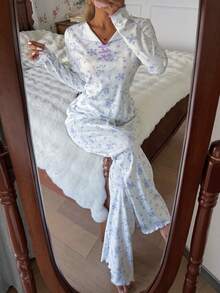 SHEIN V领花卉蝴蝶结装饰休闲舒适女士睡衣套装，冬季服装 - 白色 - 查看 6