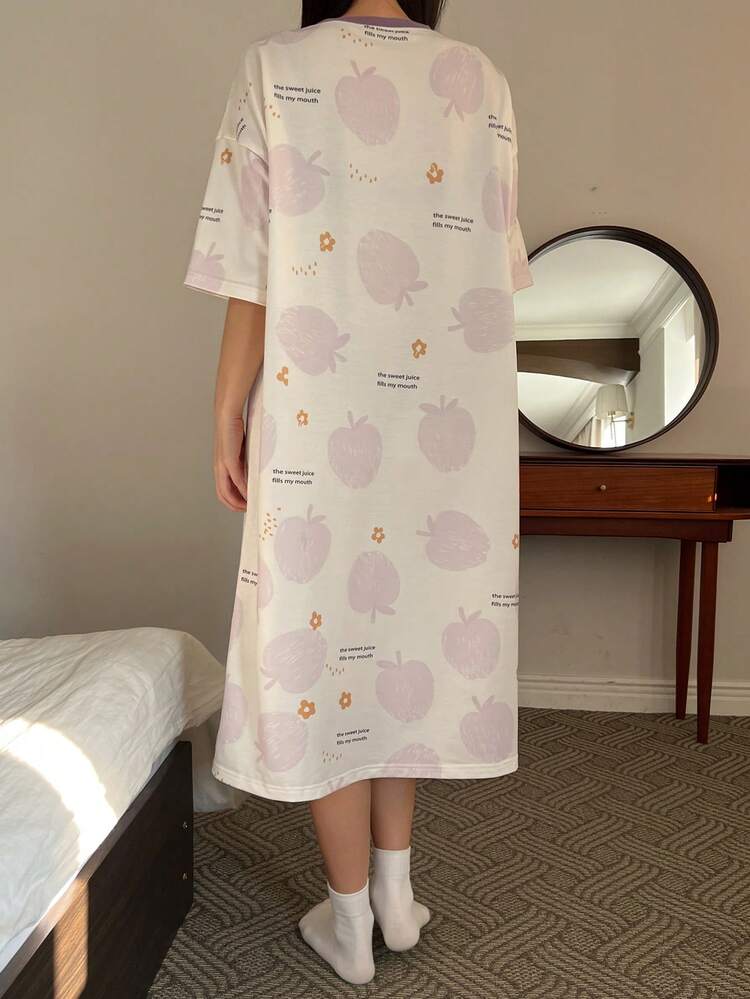 Fruit Print Loose Fit Mid-Length Women Nightgown
