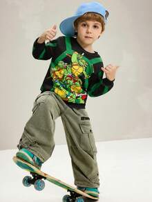 TEENAGE MUTANT NINJA TURTLES | SHEIN Young Boy Cartoon Tortoise Shell Printed Green Casual Cute Pullover Sweatshirt - Black - View 4
