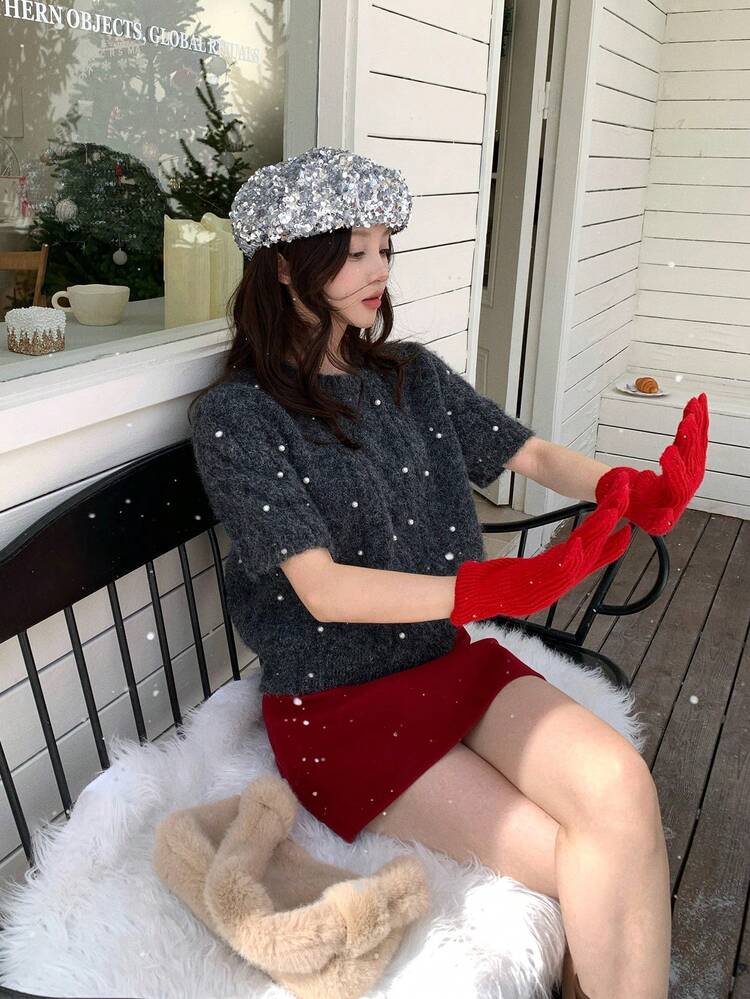 Women's Beaded Puff Sleeve Knit Top, Girly Korean Style, Autumn/Winter