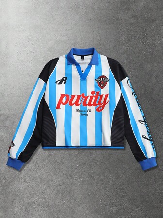 T-shirt a maniche lunghe unisex con stampa calcistica inglese, stile casual sportivo