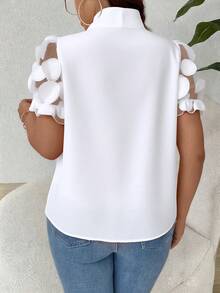 Rometta 大码女式优雅休闲袖拼接网眼衬衫 - 白色 - 查看 2