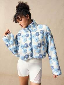 VARSIVA Jaket Bulu Domba Pendek Longgar Berkerah Tegak dengan Motif Bunga Blok Warna Biru Tiga Dimensi 3D - MultiWarna - View 8