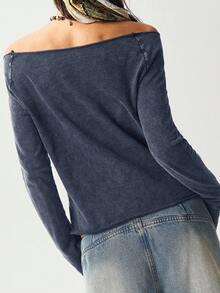 Bohemela Maglietta casual da donna a maniche lunghe, girocollo, in maglia tinta unita, lavata - Blu Navy - Visualizzare 7