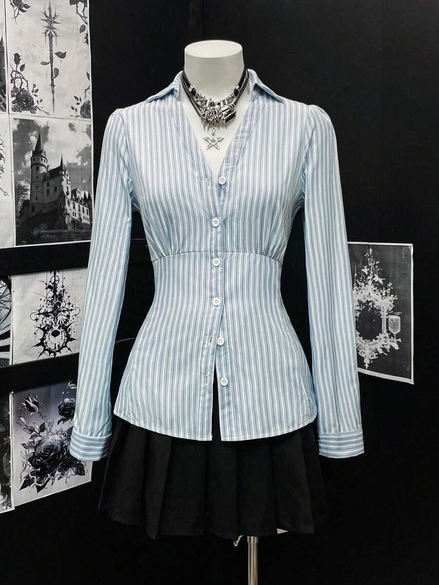Flirla Women's Sexy Fashionable Multi-Functional Office V-Neck Pleated Slim Fit Blouse - Blue and White - View 1