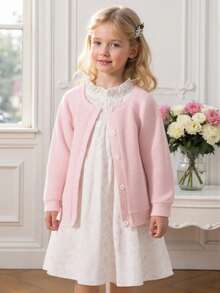 Souflis Child's 2pcs/Set Winter Clothing For Girl Elegant Casual Daily Style Outfits,Long Sleeve Solid Color Coat&Flower-Printing Simple White Dress - Pink - View 3