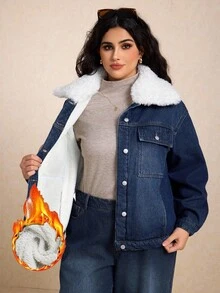 Elaquor Plus Size Denim Jacket With Thermal Lining, Fashion For Autumn/Winter - Medium Wash - View 9