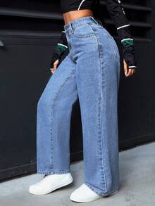 SHEIN PETITE 女式高腰口袋阔腿宽松休闲百搭牛仔裤 - 淺色水洗藍 - 查看 5