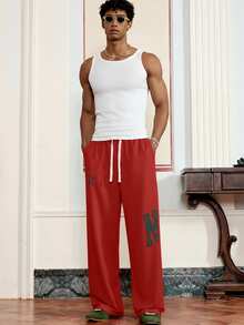 SWAVVY Men's Letter Print Casual Sweatpants - Red - View 5