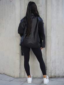 SAYEHFBABY 女士时尚 PU 皮革摩托车夹克，新款修身立领长袖短款飞行员外套，春秋季 - 黑色 - 查看 2