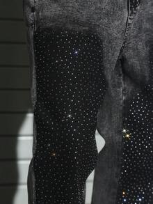 PAVTROS Men's Fashionable American Washed Shadow Rhinestone Embellished Flared Jeans Glitter Jeans - Grey - View 3