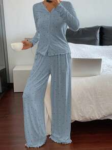 DAZY 两件套女士波点印花长袖睡衣套装 - 淺藍色 - 查看 3