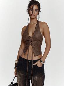 MUSERA V Plunge Faux Leather Lace Up Eyelet Stitched Detail Open Back Halterneck Top Sexy Going Out Night Out Winter Cute Streetwear Feraux Spring Summer Festival - Coffee Brown - View 5