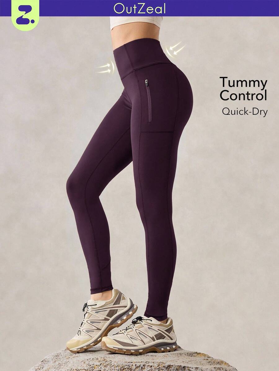 OutZeal Mallas moradas para exteriores con control de abdomen, secado rápido y bolsillo con cremallera para mujer, ideales para senderismo y camping - Morado - Ver 1