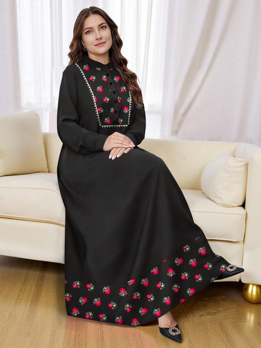 SHEIN Najma 大码女式印花纽扣领长袖连衣裙,时尚春秋季款 - 彩色 - 查看 1