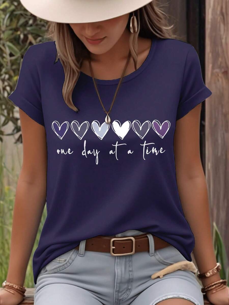 EMERY ROSE Heart & Letter Slogan Round Neck Short Sleeve Fashionable Women T-Shirt - Navy Blue - View 1