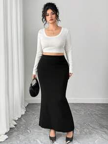 Dazy Plus 纯色优雅弹力腰修身裹身鱼尾裙，秋冬毛衣裙 - 黑色 - 查看 7