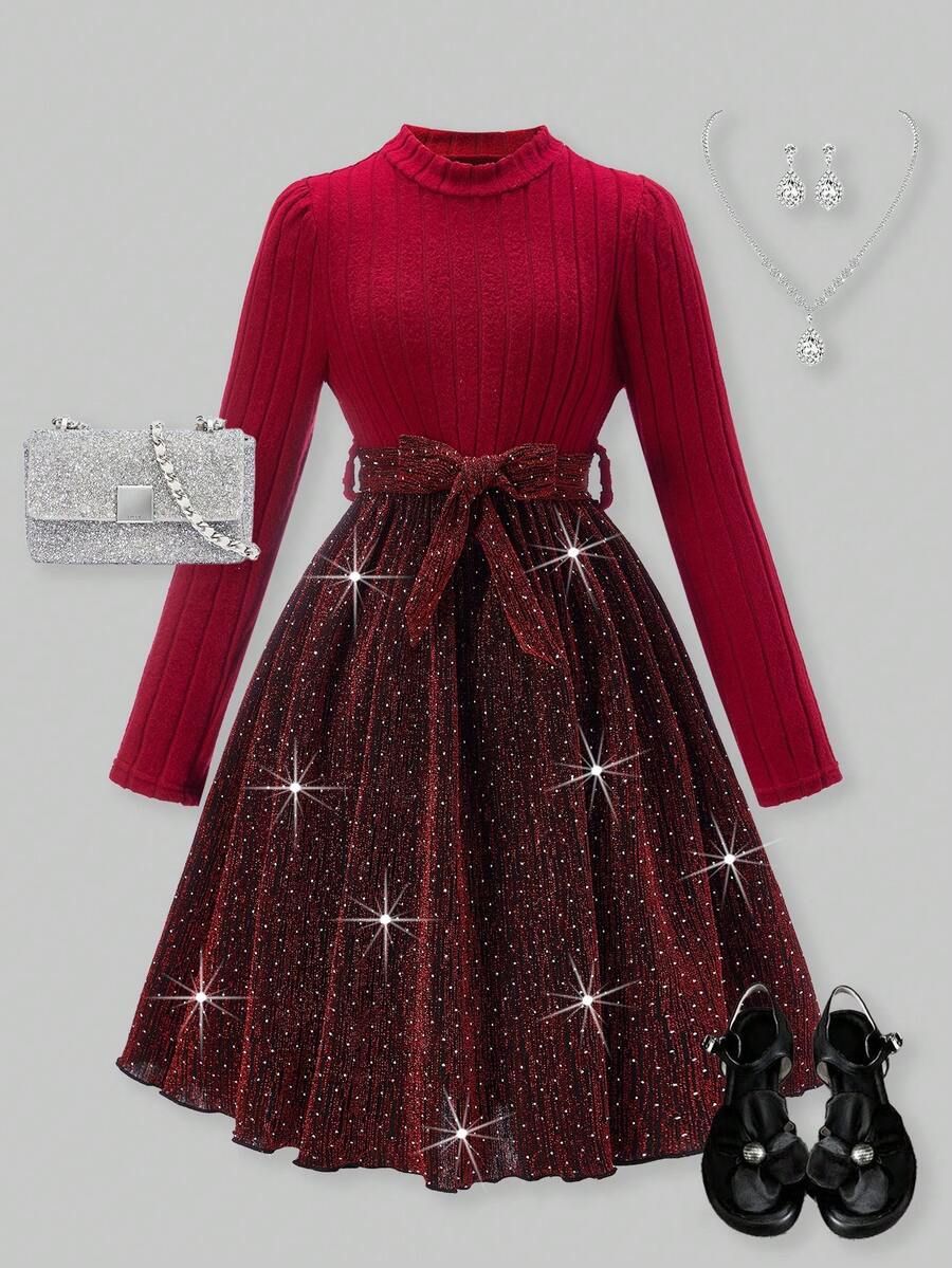 SHEIN Explorewe Autumn/Winter Tween Gi Elegant Elegant Sweet Lady Design Knit Patchwork Shiny Rhinestone Long Sleeve Cake Hem Dress, Suitable For Daily Commute, Casual, Vacation, Gathering With Friends, Street Photography