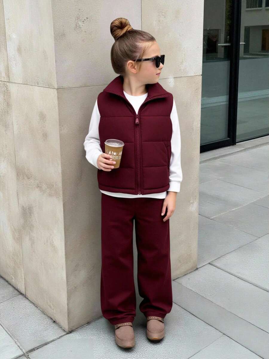 SHEIN 3件套女童宽松圆领长袖卫衣运动裤休闲套装，秋冬款 - 酒紅色 - 查看 1