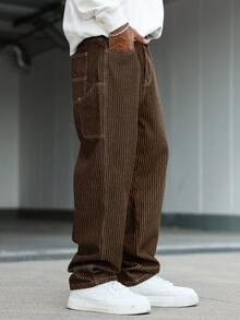 Manfinity Hypemode Men's Casual Vertical Striped Multi-Pocket Cargo Brown Denim Jeans - Brown - View 3