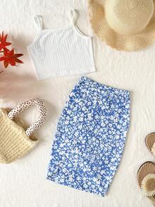 2件套少女无袖纯色针织上衣和碎花喇叭迷你裙套装