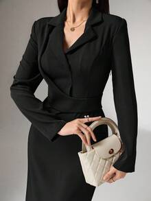 Heiryn 女士优雅纯色收腰中长连衣裙，适合通勤。 - 黑色 - 查看 5