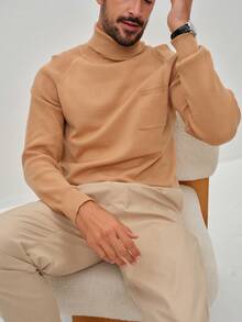 Manfinity Homme Sweater Kasual Pria Warna Polos Kerah Tinggi Lengan Raglan, Atasan Cokelat Muda Musim Gugur/Dingin Pria, Sweater Cokelat Pria, Kerah Mock Pria, Aprikot - Coklat - View 7