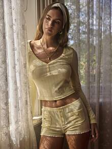 Aralina Sleepwear Women's Pointelle Fabric Detail Placket Front Long Sleeve Top And Short Matching Set, Christmas And Valentine's Cute Pajamas