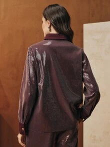Anewsta 时尚通勤亮片拼接长袖衬衫 - 酒紅色 - 查看 2