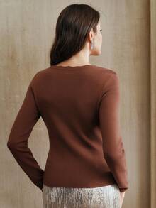 Anewsta New Autumn/Winter Women's Thanksgiving & Christmas Elegant V-Neck T-Shirt, Comfortable & Slimming Sweater With Stylish Collar Design - Coffee Brown - View 3