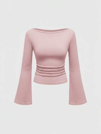 Goth T-shirt moulant pour femmes à col bateau et manches évasées, couleur unie