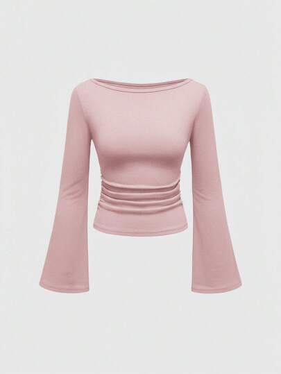 Goth Sexy Boat Neck Bell Sleeve Solid Color Tight Fit Women's T-Shirt