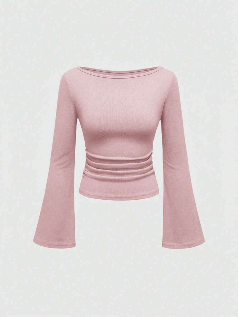 ROMWE Goth Camiseta Feminina Gola Barco, Manga Sino, Cor Sólida, Ajuste Justo