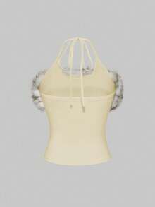 ROMWE Vintage Y2K Baddie 2 In 1 Furry Cross Graphic Print Halter Top - Light Yellow - View 2