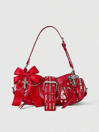 Grunge Punk Bow Decor Motorcycle Underarm Bag, Women Casual Shoulder Bags