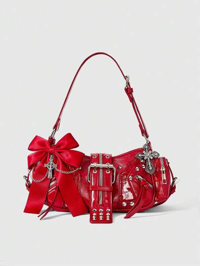 Grunge Punk Bow Decor Motorcycle Underarm Bag, Women Casual Shoulder Bags