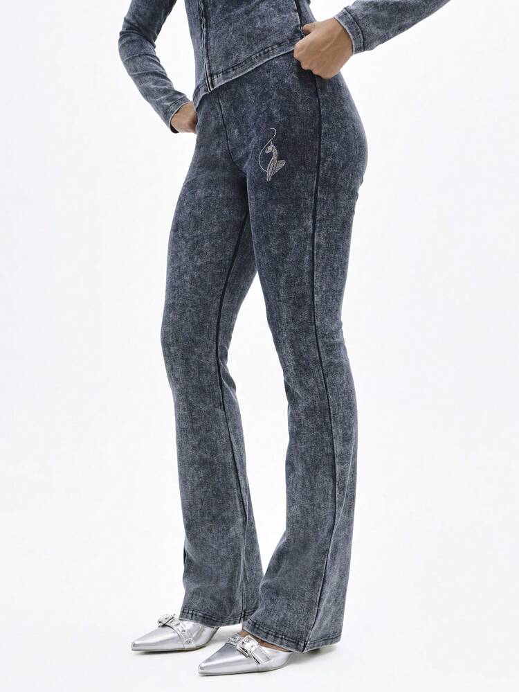 BABYPHAT High Rise Flare Leggings With Zip Front Jersey Fabric And Rhinestone Embellishments Wide Leg Denim Style Pattern